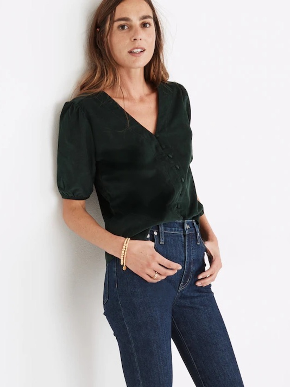 NWT Madewell Dark Green Corduroy V-Neck Button-Front Puff Sleeve Top